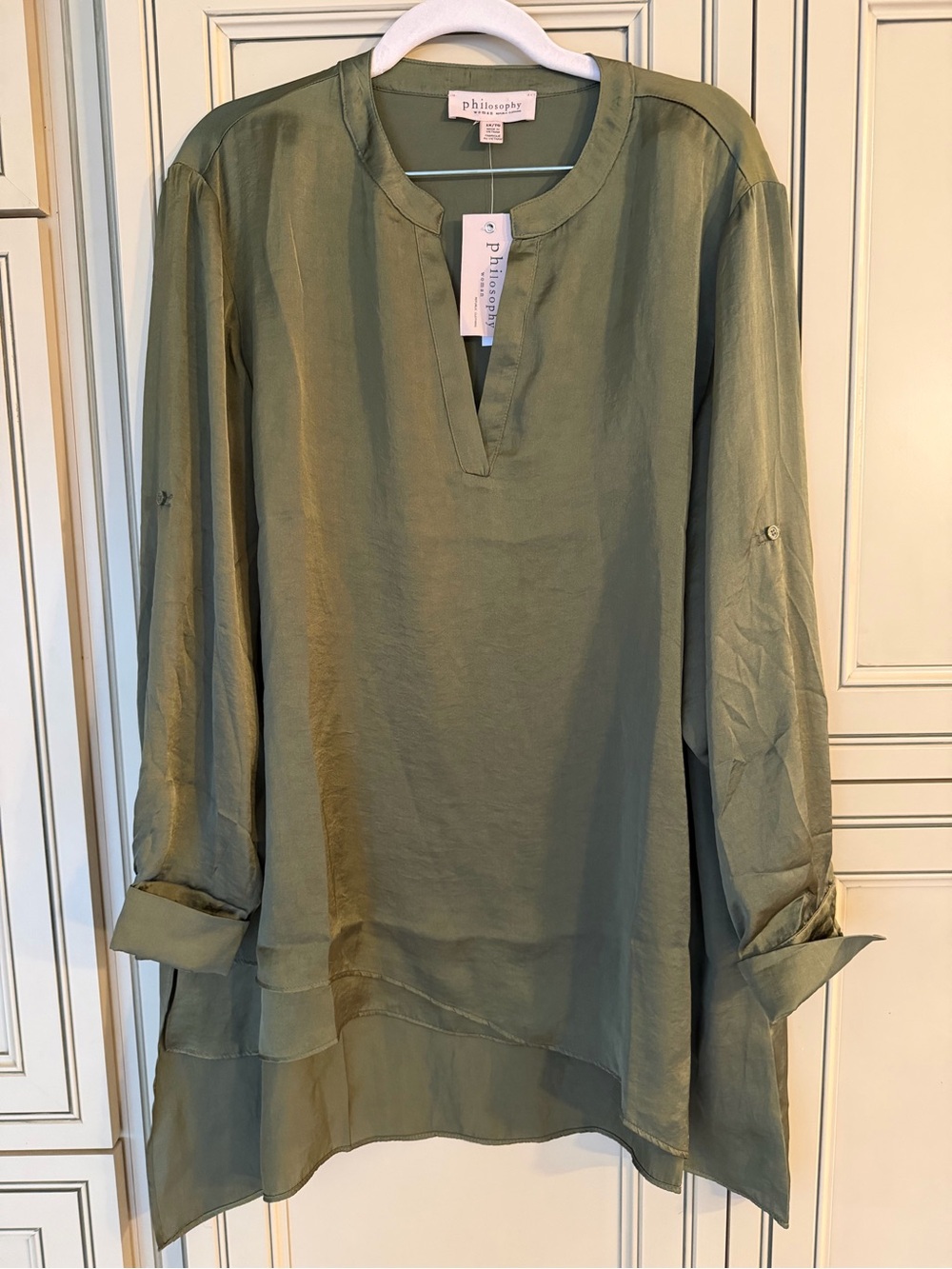 NWT Philosophy Olive Green Button-Down Tunic Shirt Blouse Hi low LAYERED V Neck